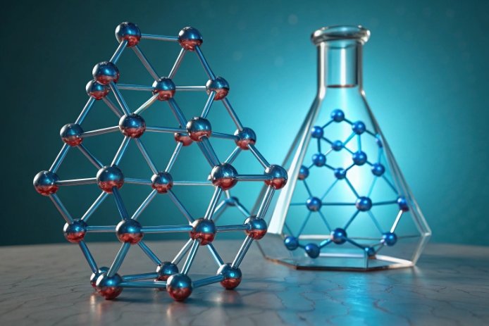 Molecular lattice model beside a laboratory glass flask with geometric structure