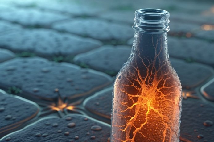 Close-up glass bottle showing thermal crack pattern, highlighting durability and heat resistance