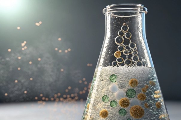 Material reaction flask Glass flask with granules and bubbles illustrating chemical formulation for glass processing