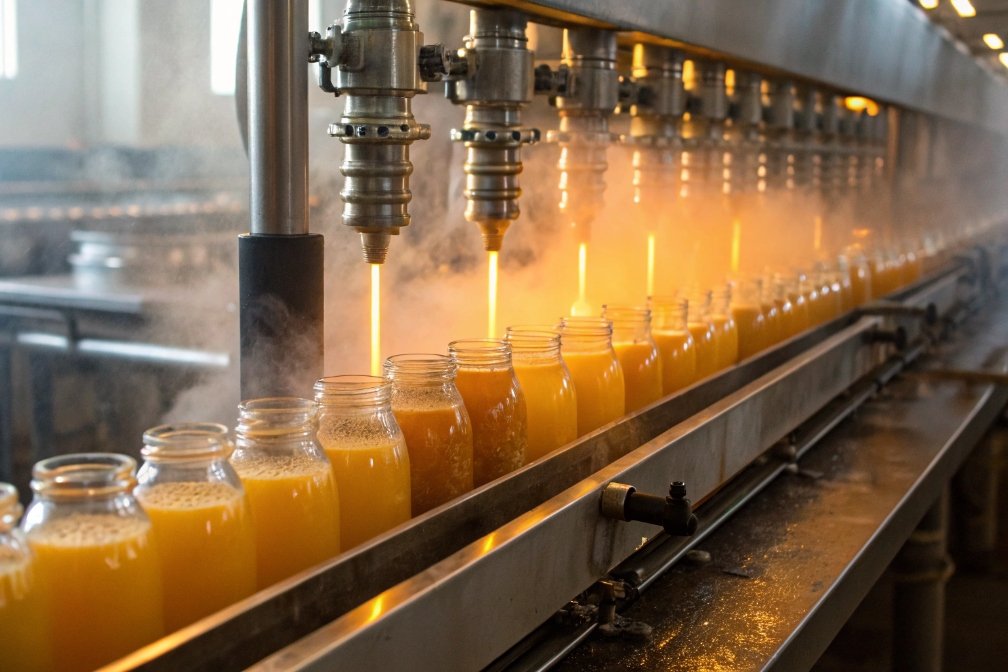 Filling jars with juice on production line