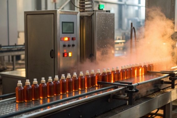 Amber drink bottles moving through hot-fill tunnel with steam on industrial bottling line