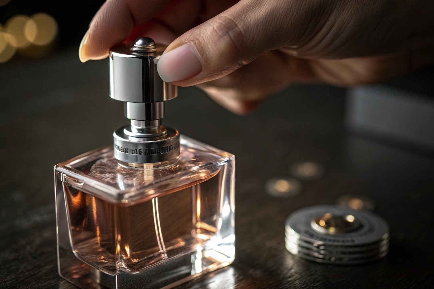 hand pressing silver spray head on luxe square glass perfume bottle