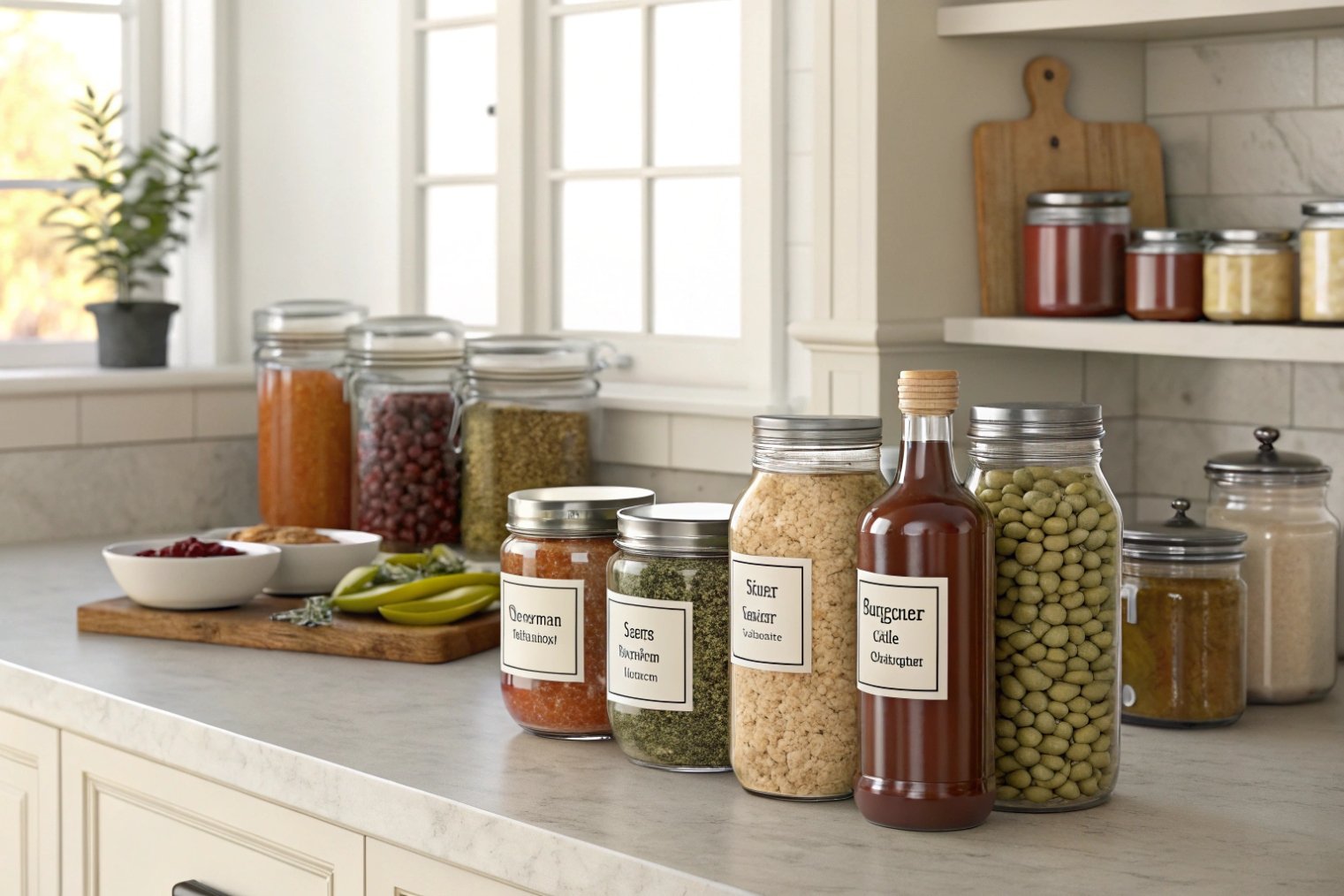 Kitchen counter lined with matched glass jars bottles and closures for oils sauces and pickles