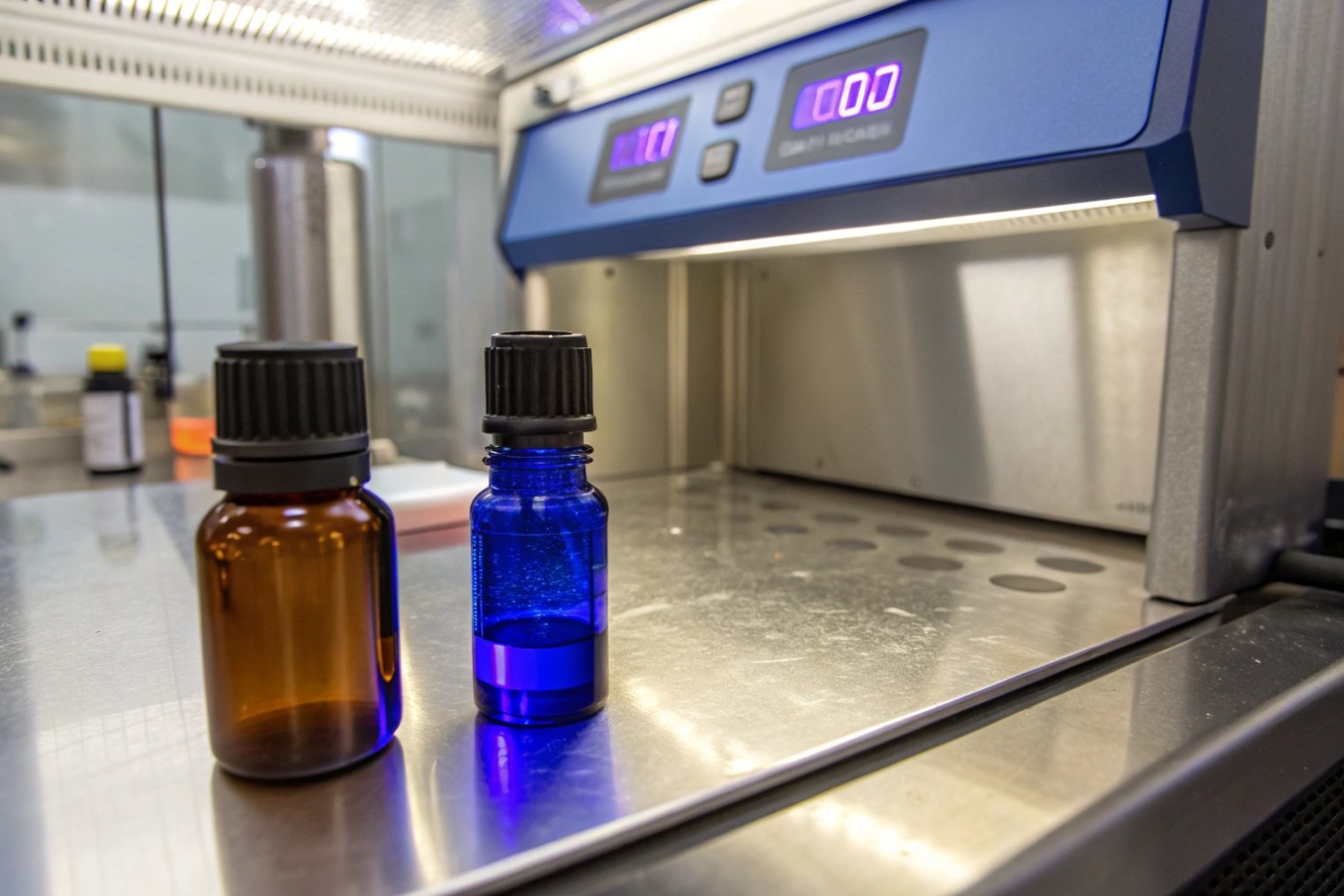 Amber and cobalt blue essential oil bottles positioned under a UV stability test cabinet