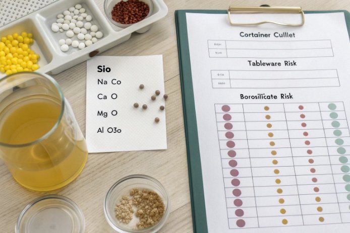 Lab desk with container cullet risk chart, pellets, and composition notes for glass batch