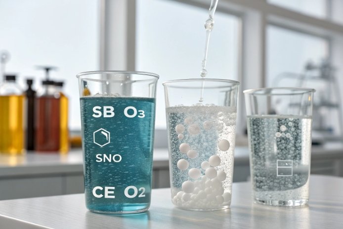Laboratory beakers show fining additives and bubbling reaction during glass chemistry test.
