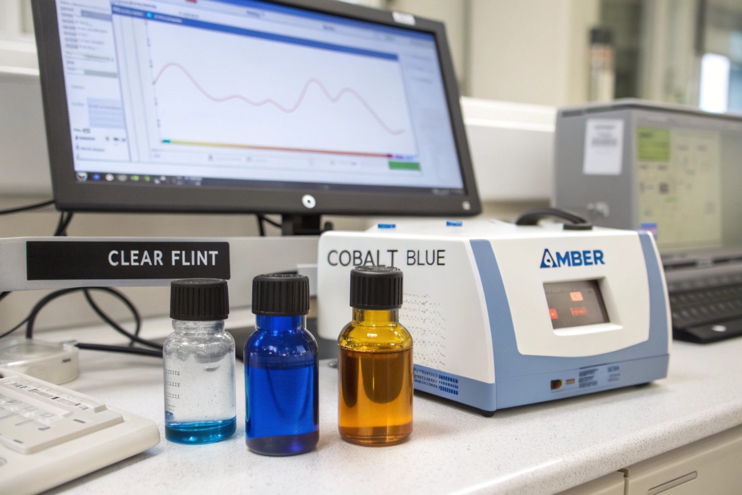 Clear, blue and amber glass vials tested on spectrophotometer in laboratory.