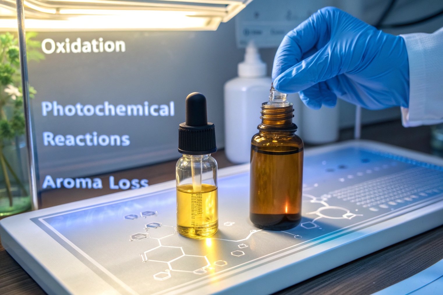 lab technician testing clear and amber dropper bottles for oxidation and aroma protection