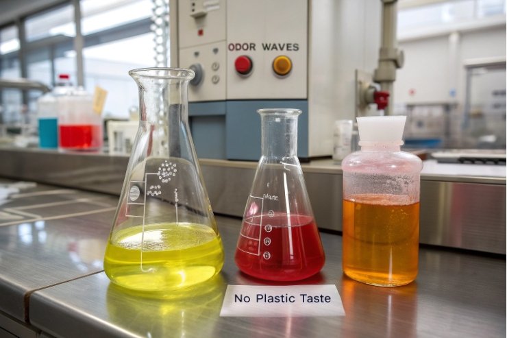 Laboratory glass beakers with colored liquids labeled no plastic taste on counter