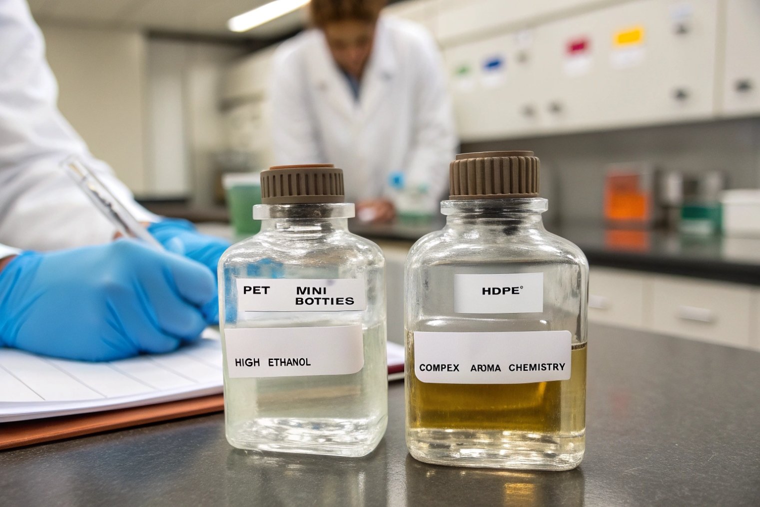 glass test bottles labeled PET and HDPE in fragrance compatibility laboratory