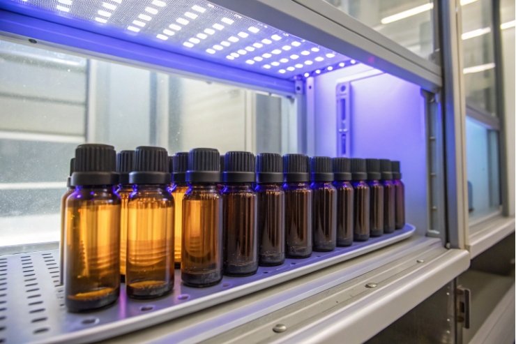 Amber glass dropper bottles undergoing UV light stability testing in laboratory chamber