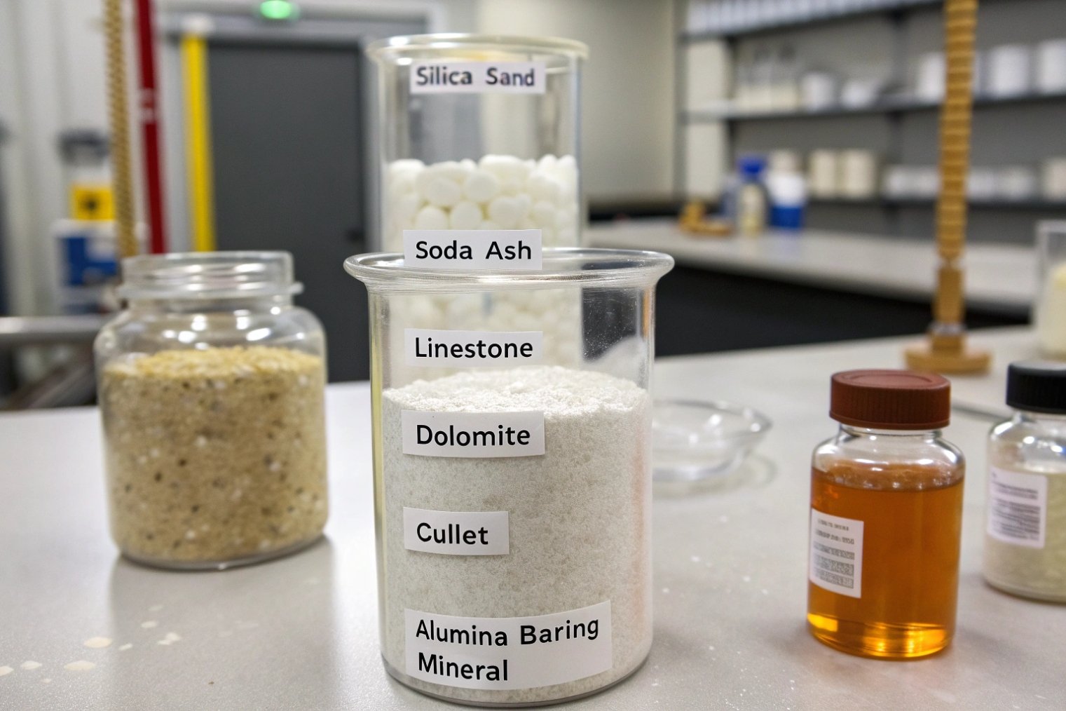 Beaker showing layered soda-lime glass batch materials labeled with ingredients