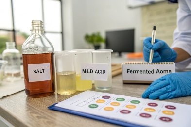 Laboratory compatibility testing of condiment bottles with salt, mild acid, and fermented aroma samples