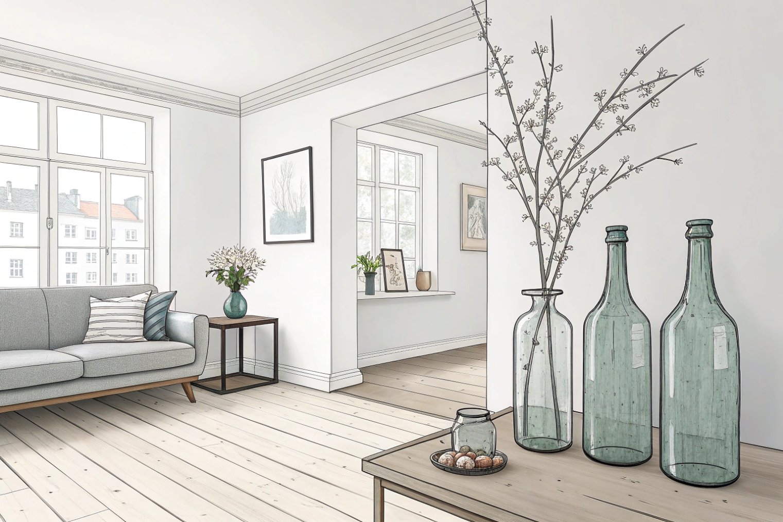 Illustrated bright living room featuring tall glass bottle vases on console table
