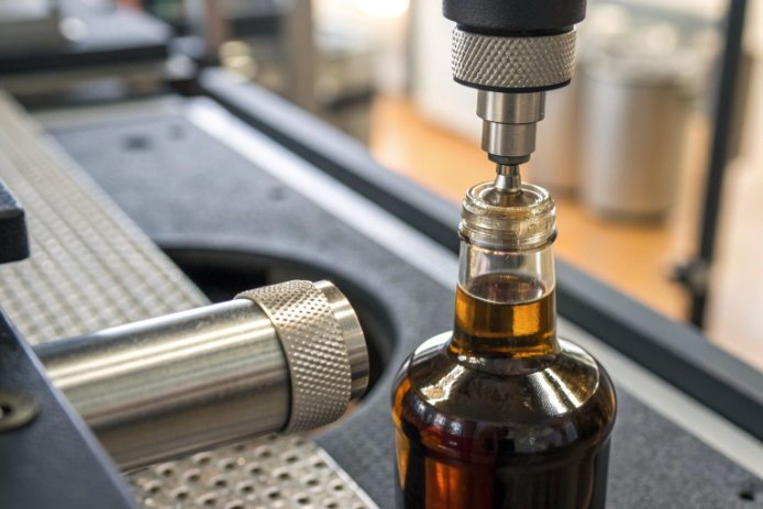 Automated capping machine sealing an amber glass bottle during beverage packaging