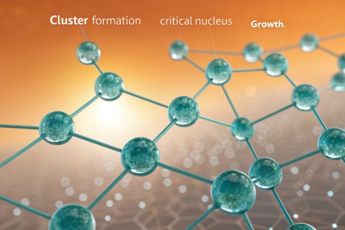 Nucleation diagram showing cluster formation, critical nucleus, and crystal growth in glass