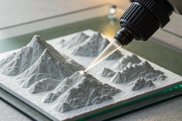 Laser beam measuring white powder sample for glass raw material analysis and quality control