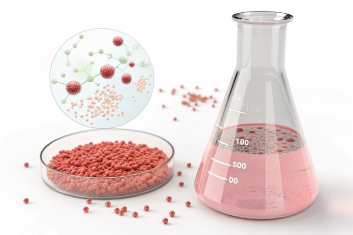 Red glass colorant pellets with lab flask showing dissolved tint chemistry