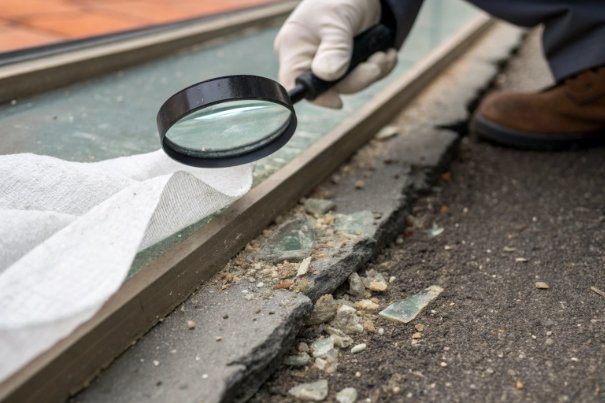 Broken glass inspection Magnifying glass inspecting shattered glass fragments on pavement for safety and cleanup