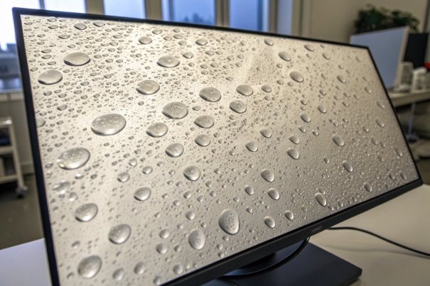 Water droplets on display showing condensation test surface for packaging quality control