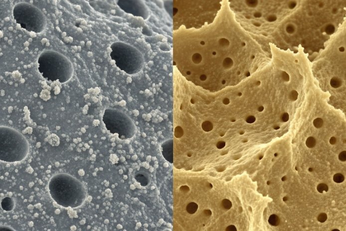 Microscope comparison of porous glass surface corrosion and pitting structures