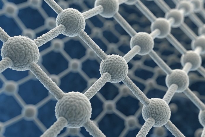 3D molecular lattice network rendering showing textured spheres and bonds for material science