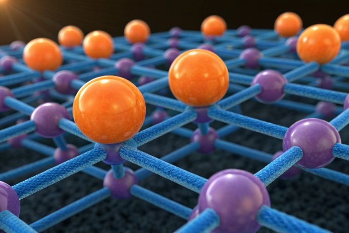 3D atomic lattice structure with orange and purple spheres in material science render