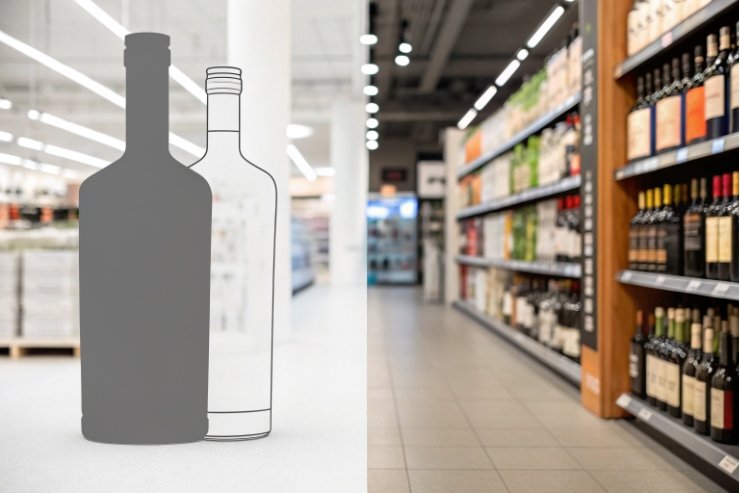 Blank spirit bottle outlines in supermarket aisle showing custom packaging concept