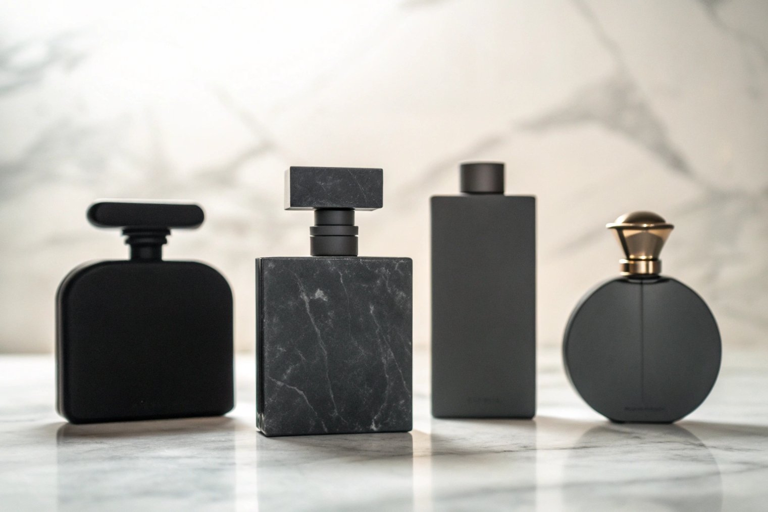 Four ultra-minimal matte black and stone-textured perfume bottles on marble