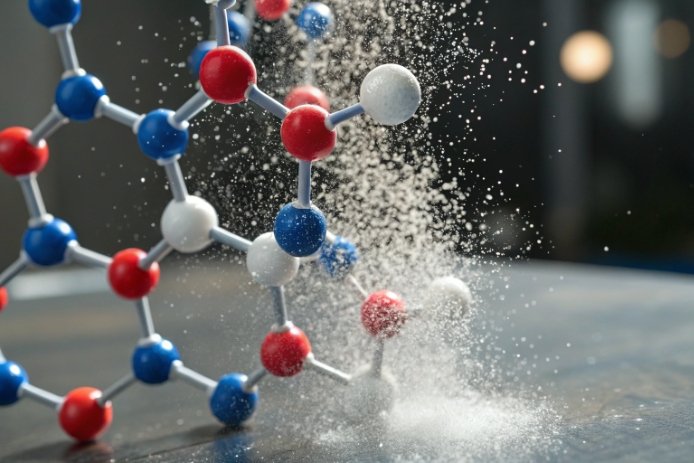 Molecular model with fine powder burst illustrating particle contamination in lab