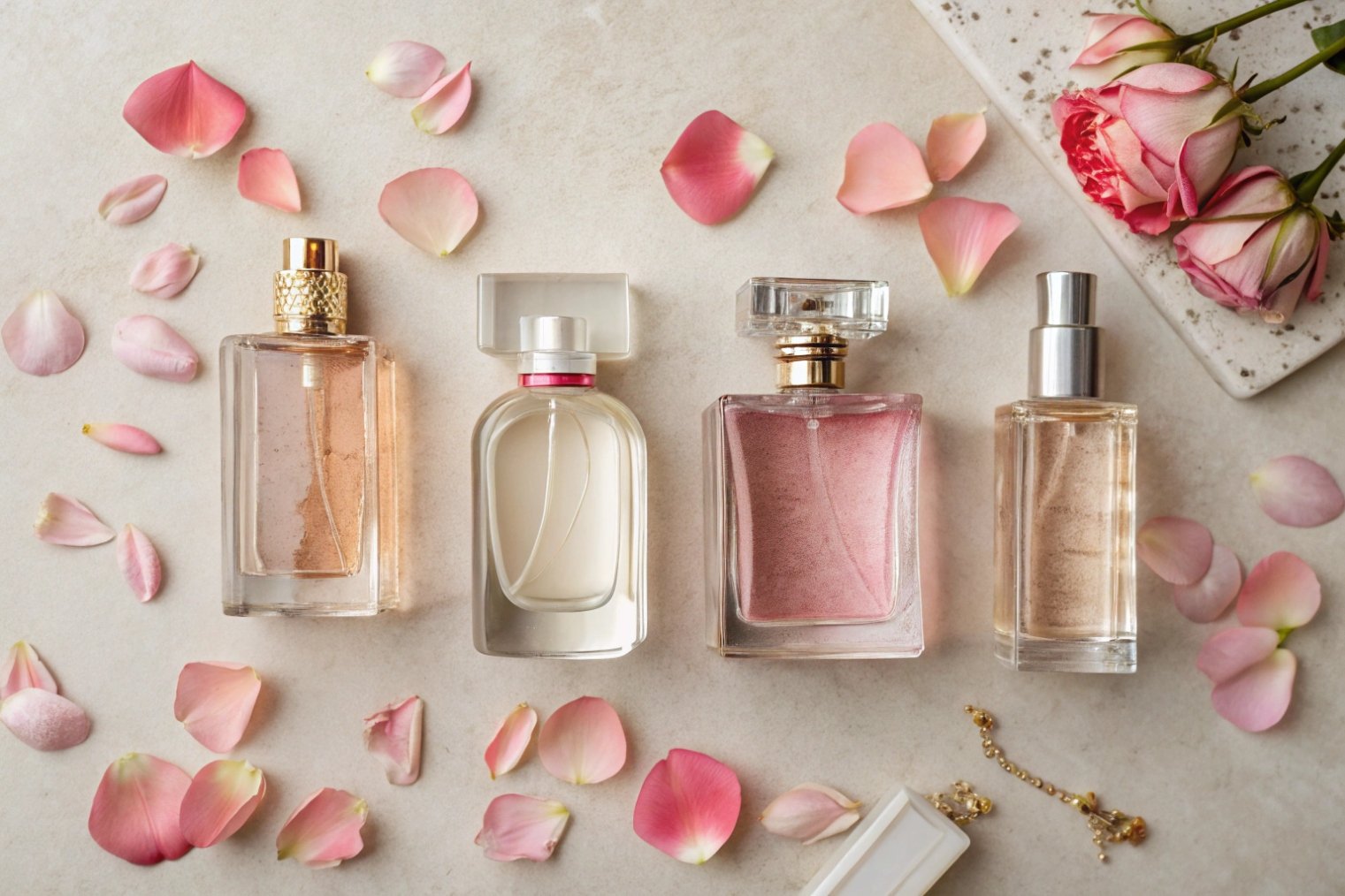 four elegant glass perfume bottles surrounded by scattered pink rose petals