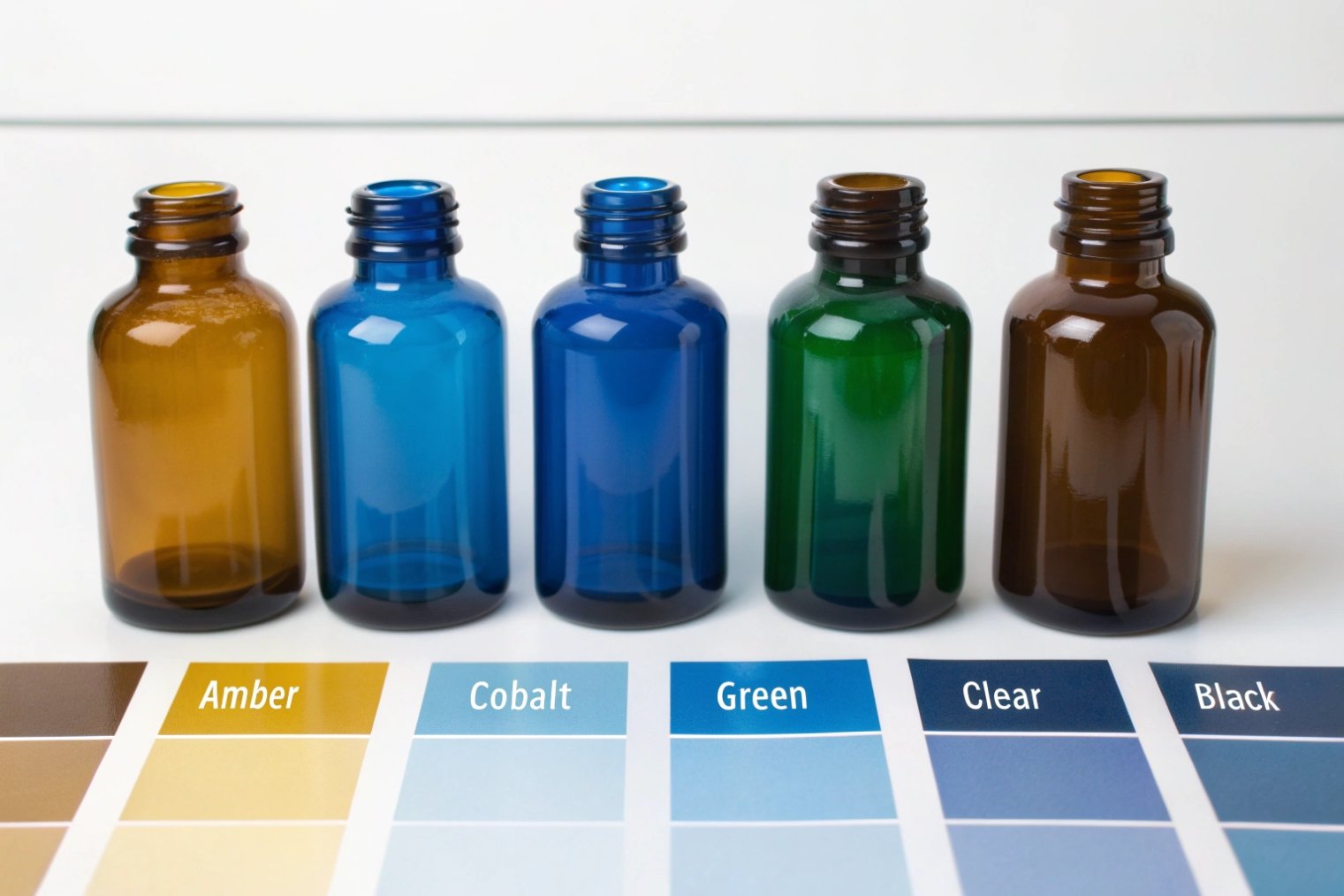 amber cobalt green clear black essential oil glass bottles with color swatches