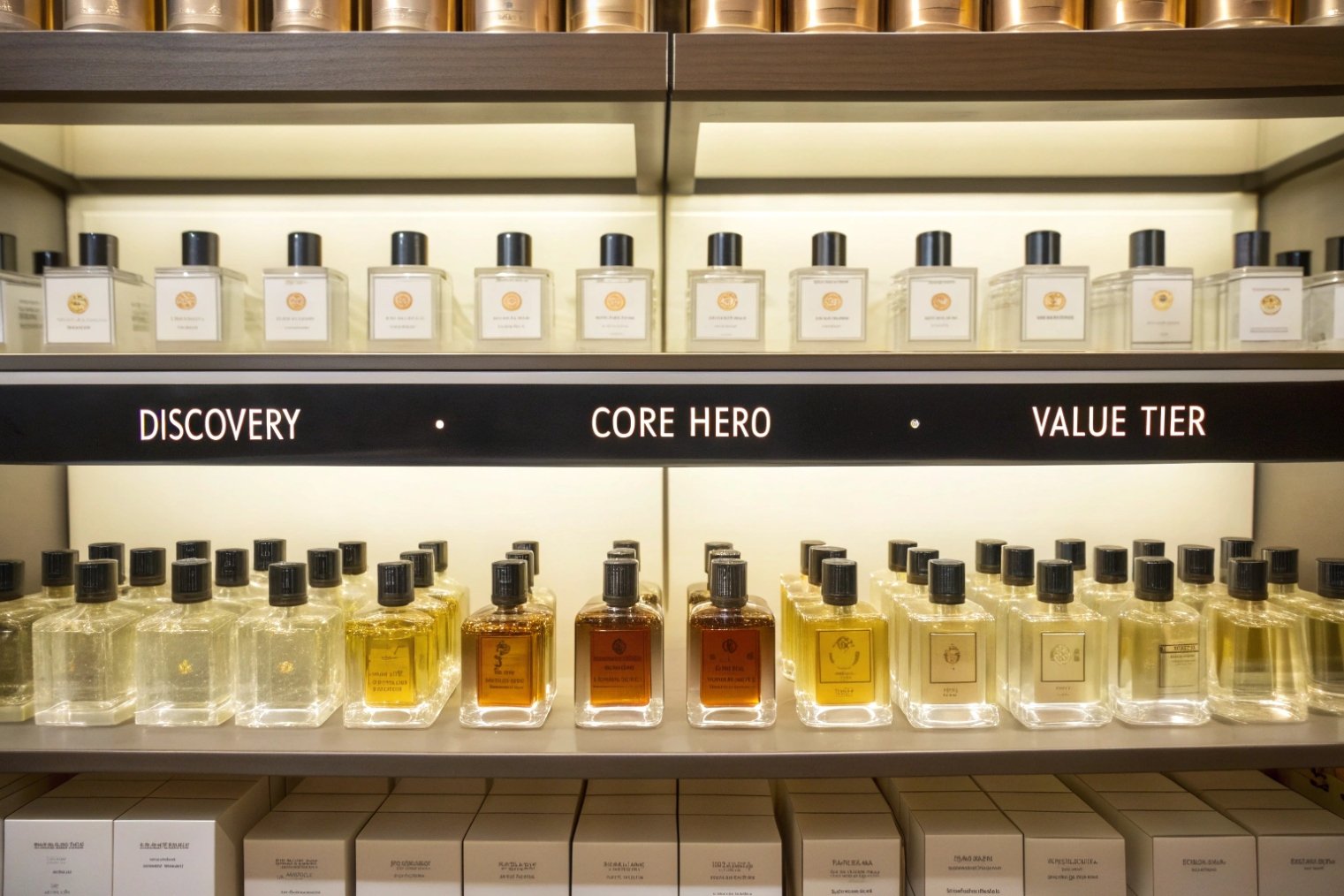 fragrance store shelving with square glass perfume bottles arranged by discovery core hero value tiers