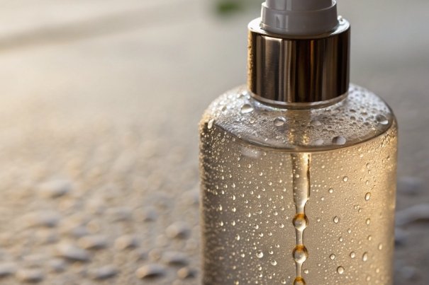 Clear glass pump bottle with water droplets and serum drip on countertop