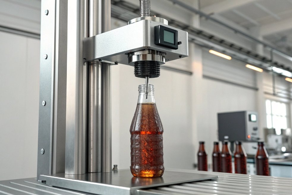 Glass beverage bottle under top load compression testing machine in laboratory