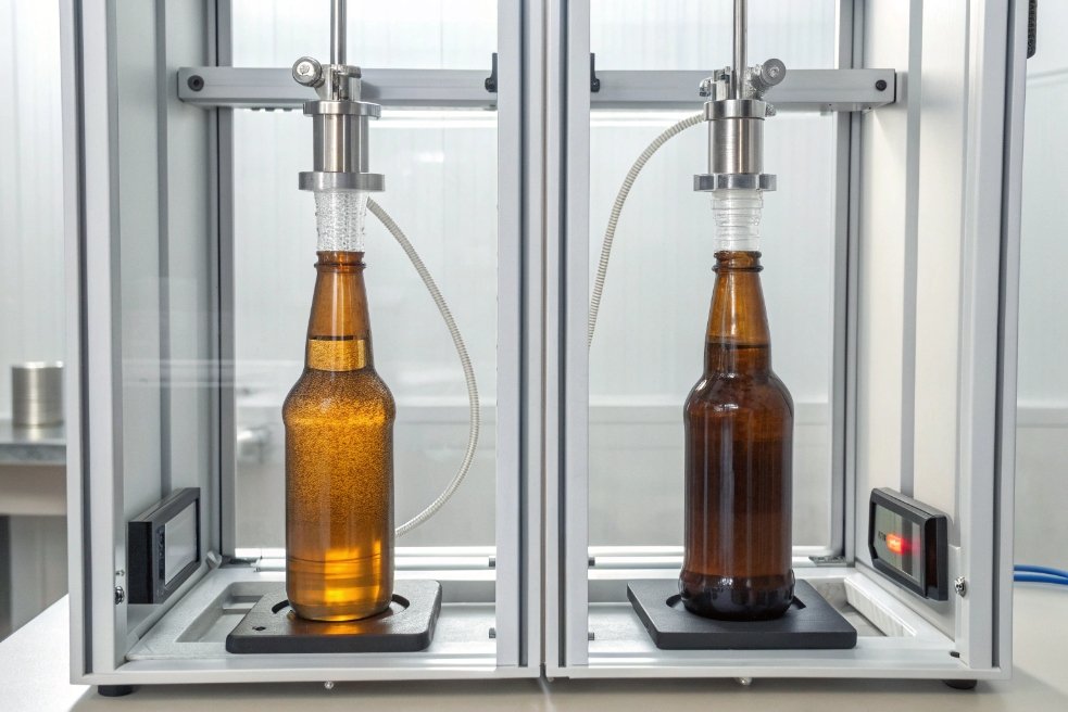 Amber beer bottles undergoing internal pressure strength testing on automated laboratory equipment