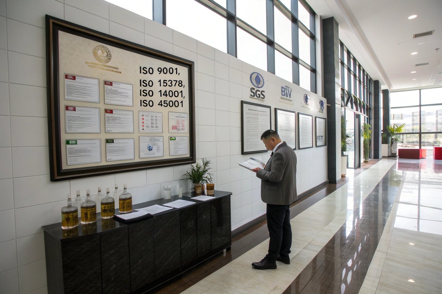 Bright corporate hallway with framed ISO certificates on the wall and a man reading beneath them