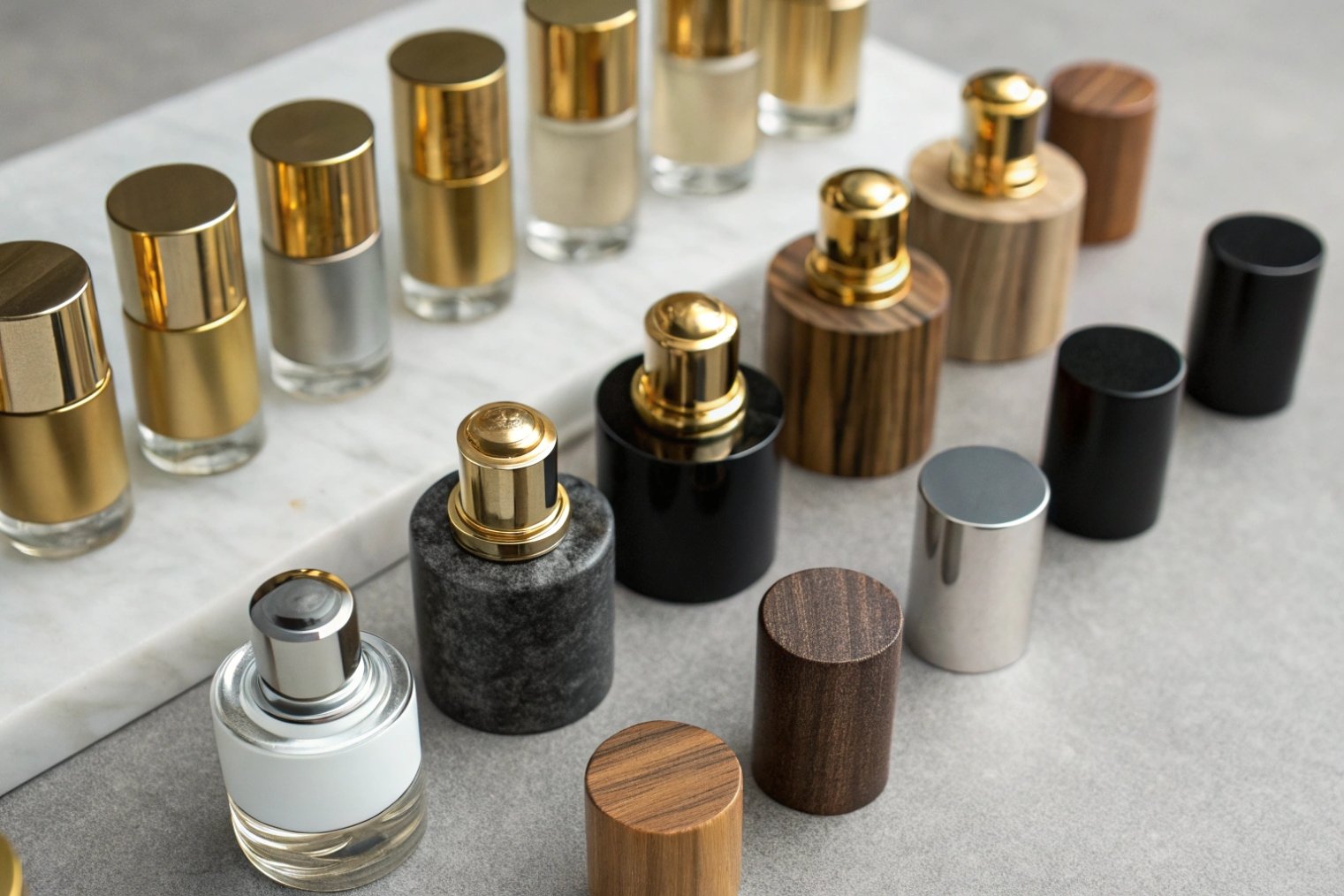 Array of perfume bottles paired with mix-and-match wood, metal, and lacquered caps