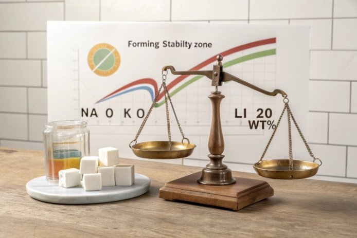 Lab scale and batch samples illustrate Li2O dosage for forming stability in soda-lime glass.
