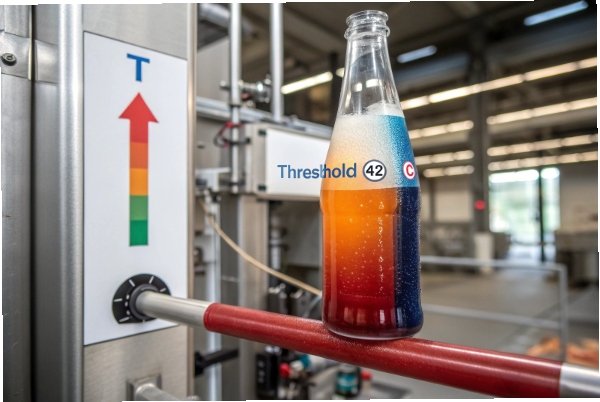 Thermal threshold indicator on glass bottle showing hot fill cooling gradient