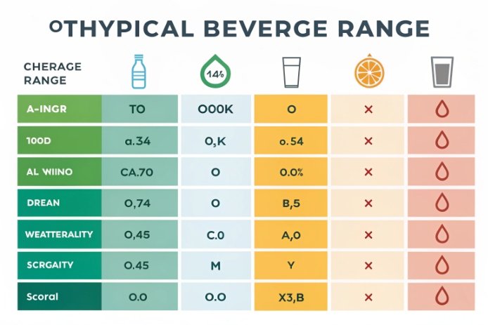 Beverage range table comparing properties, carbonation, and suitability across drink types.