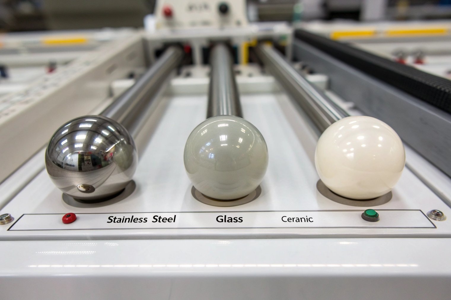 Stainless steel glass and ceramic roller balls tested on laboratory equipment rail.