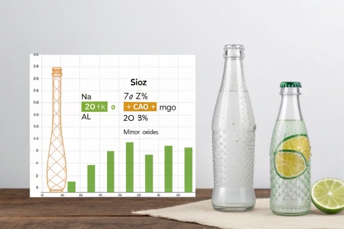 Two clear bottles beside a composition/benchmark chart (SiO₂ ~70–72% and other oxides like Na, CaO, MgO), implying soda-lime glass recipe targets and their impact on performance.