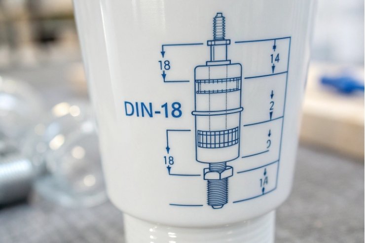 DIN 18 dropper finish technical drawing with dimensions printed on white container