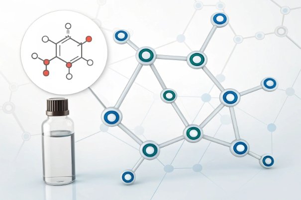 Molecular structure graphic beside small sample vial for formulation research