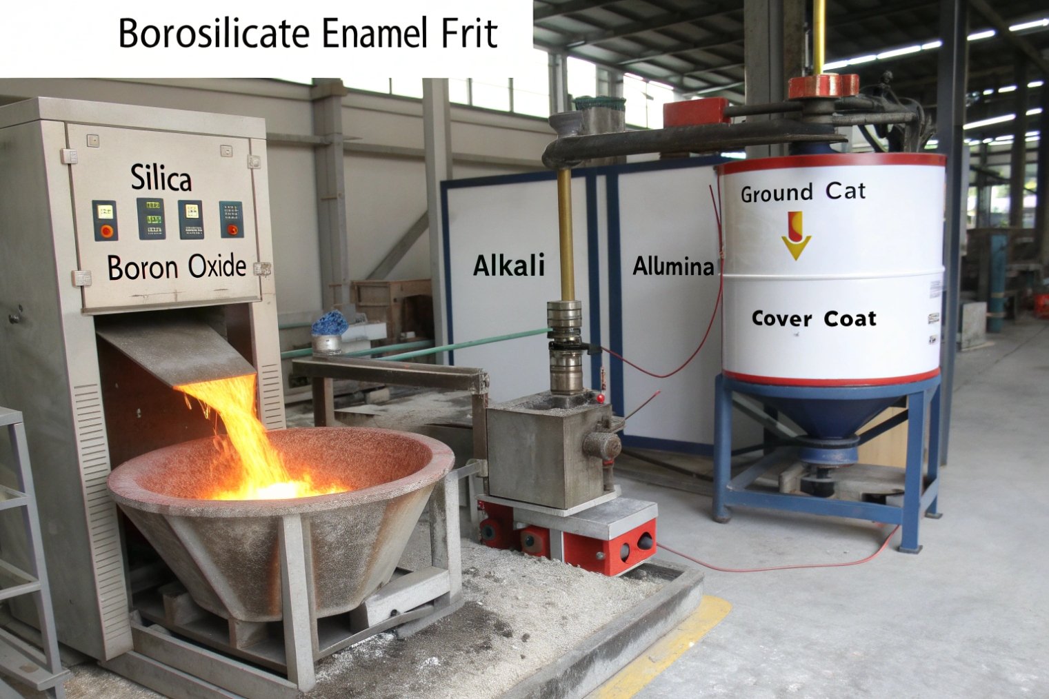 Borosilicate enamel frit ingredients melting into basin with silica, boron oxide and additives