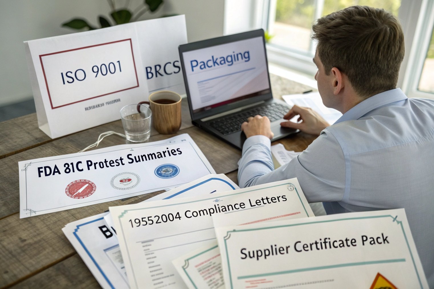 Packaging compliance specialist reviewing ISO FDA and supplier certificates on laptop