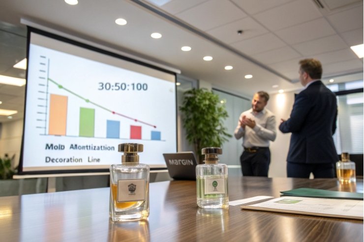 Glass perfume bottles on boardroom table with business presentation in background