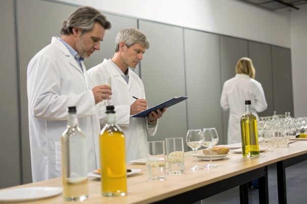 Lab Tasting Panel Lab team conducting sensory evaluation of bottled liquids with glassware and notes