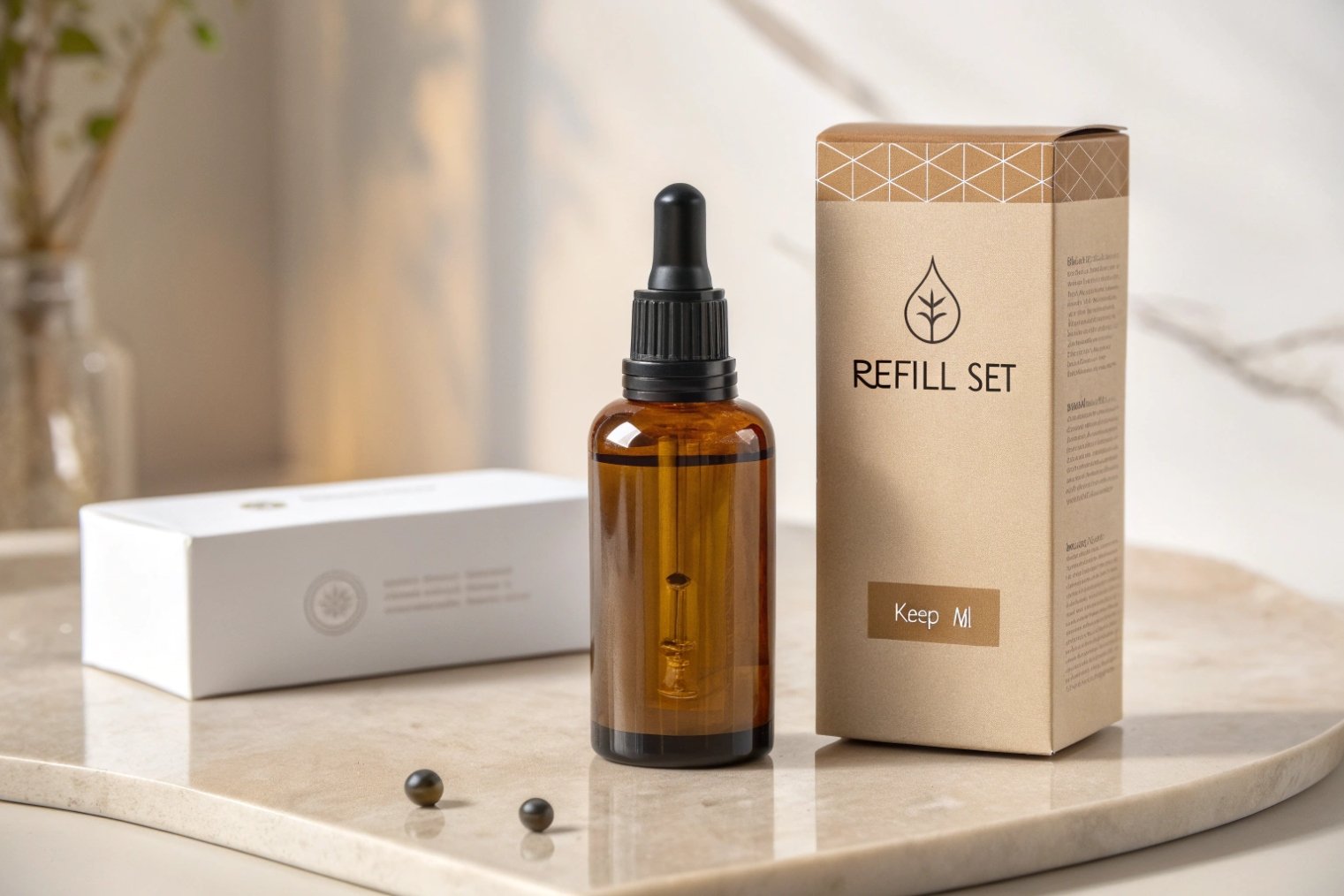 amber glass dropper bottle with eco refill set packaging on tray